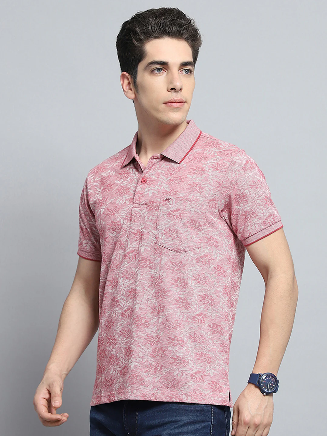 Men Magenta Stripe Collar Half Sleeve T-Shirt - Image 3