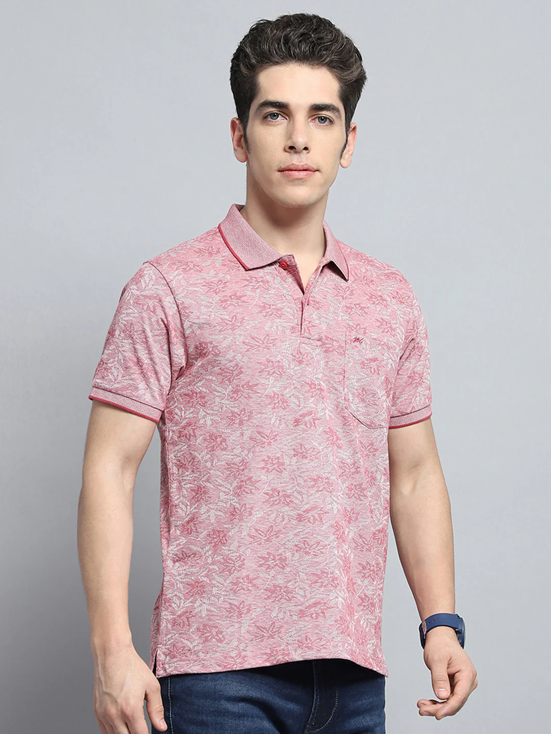 Men Magenta Stripe Collar Half Sleeve T-Shirt - Image 4
