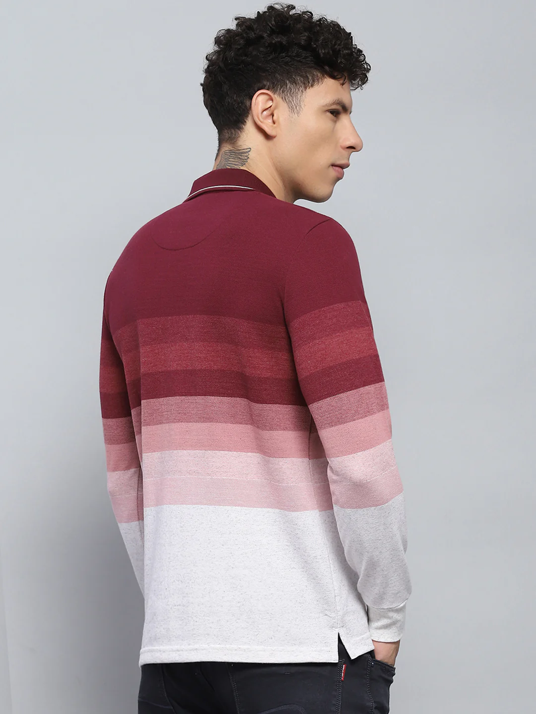 Men Maroo & White Stripe Collar Full Sleeve Winter T-Shirt - Image 5