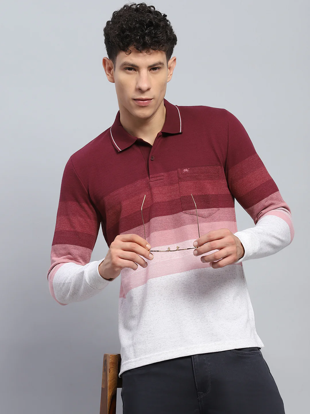 Men Maroo & White Stripe Collar Full Sleeve Winter T-Shirt - Image 6