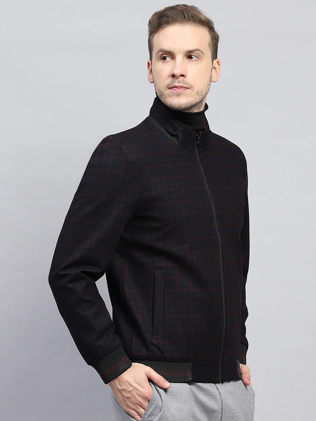 Men Maroon & Black Check Mock Neck Full Sleeve Jacket - Image 4