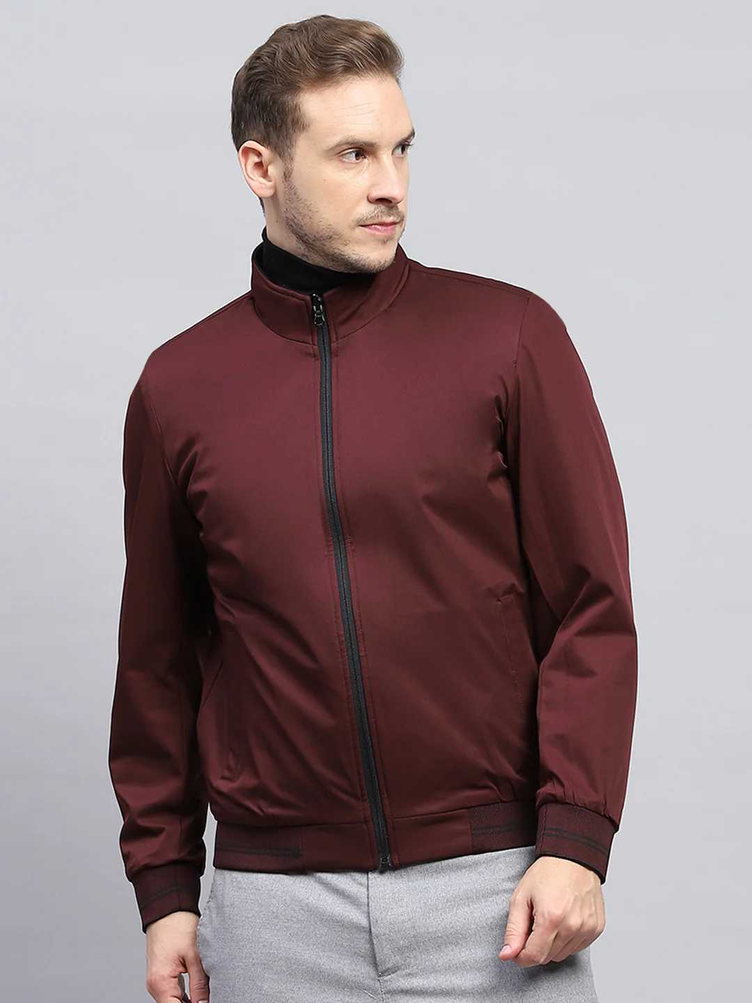 Men Maroon & Black Check Mock Neck Full Sleeve Jacket - Image 6