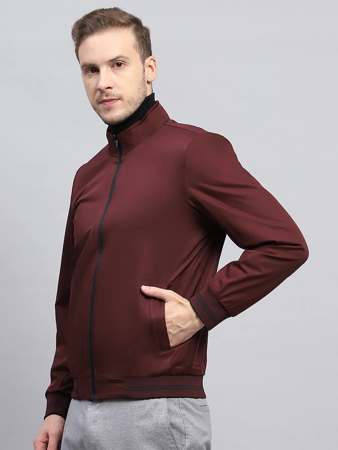 Men Maroon & Black Check Mock Neck Full Sleeve Jacket - Image 7