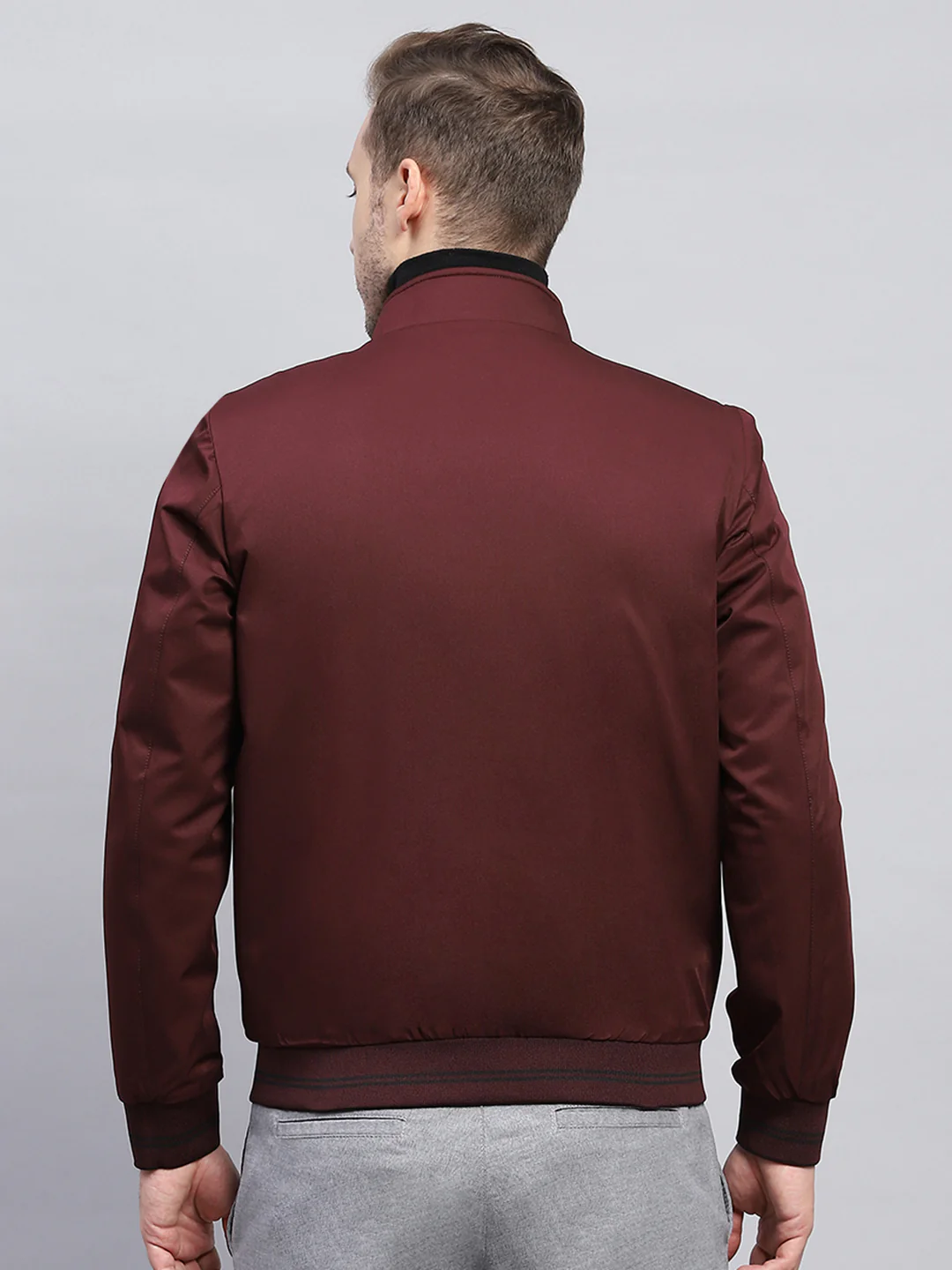 Men Maroon & Black Check Mock Neck Full Sleeve Jacket - Image 8