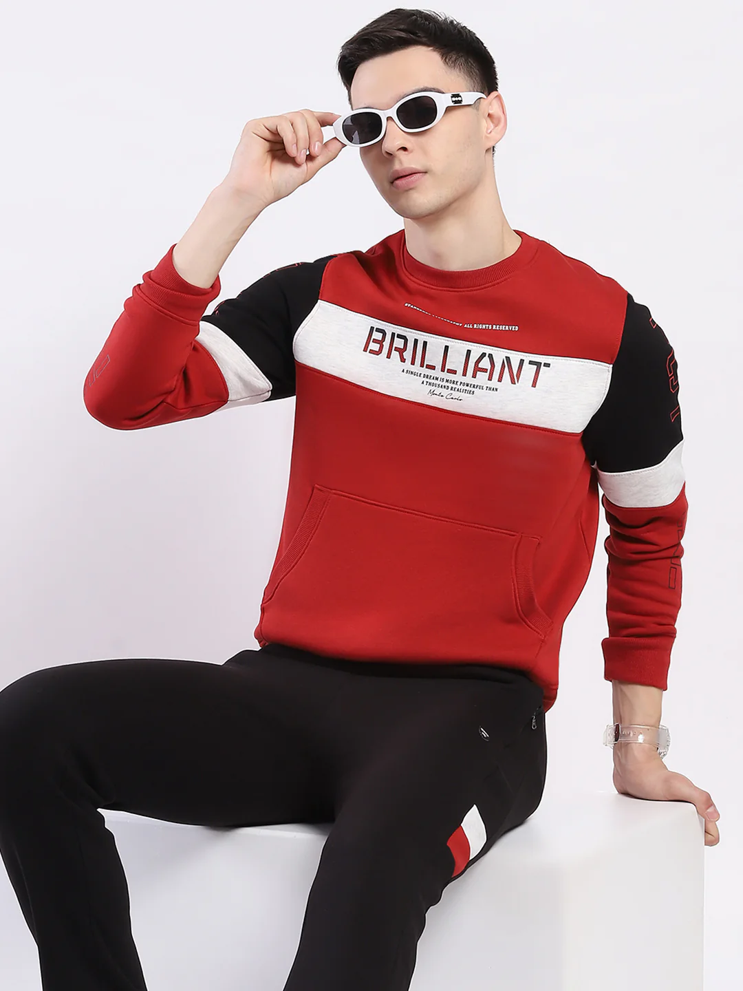 Men Maroon & Black Solid Round Neck Full Sleeve Winter Tracksuit - Image 6
