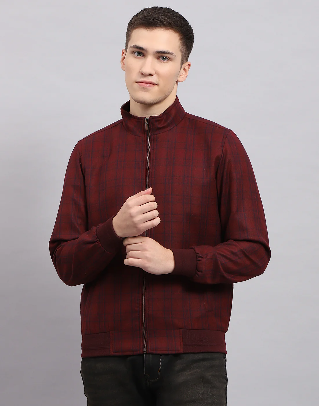 Men Maroon Check Band Collar Full Sleeve Jacket - Image 2