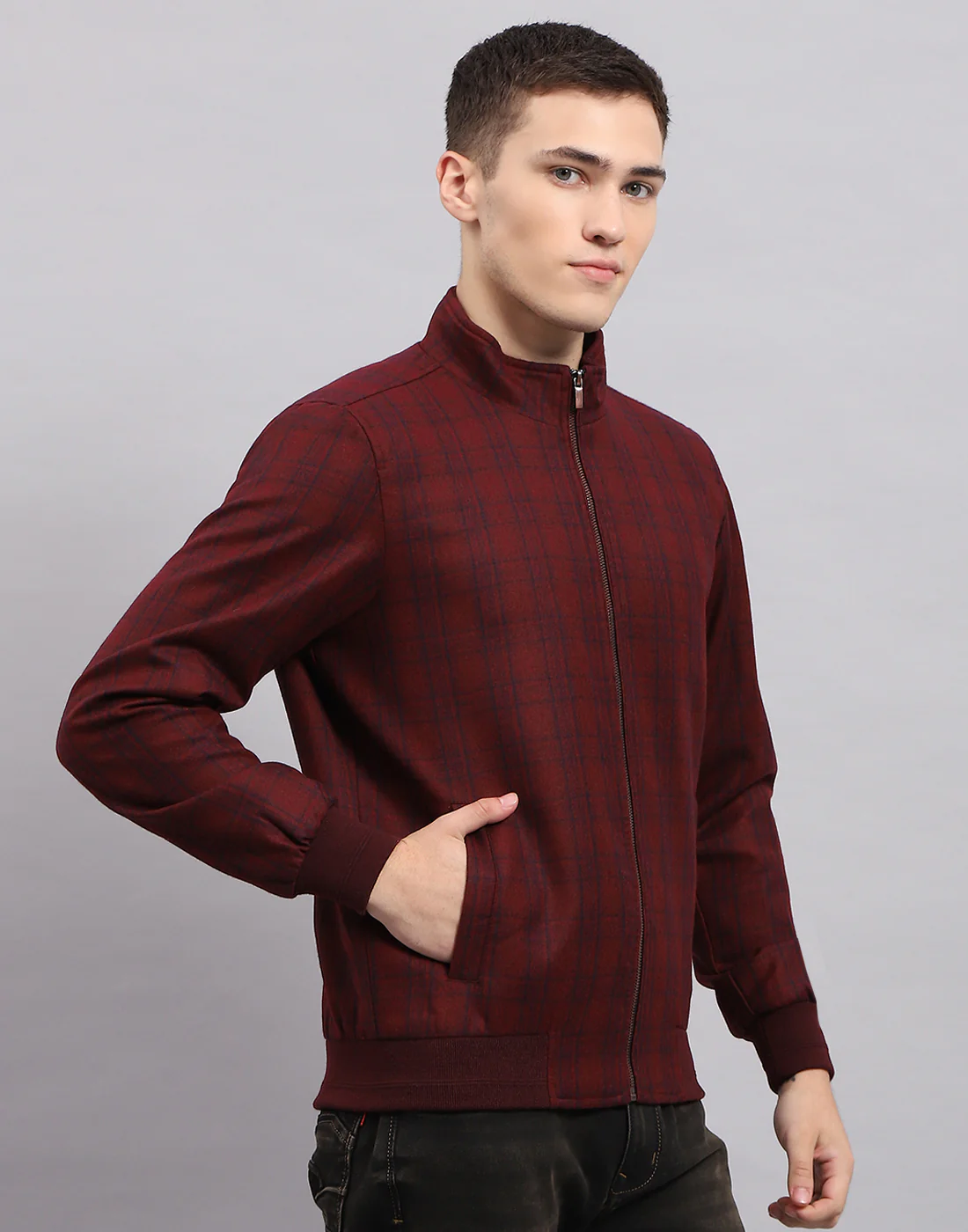 Men Maroon Check Band Collar Full Sleeve Jacket - Image 4