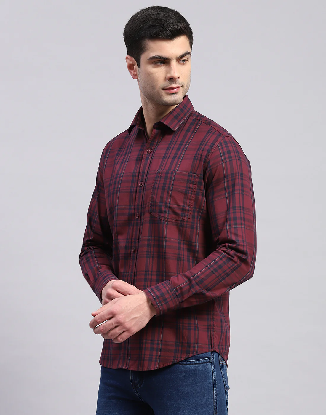Men Maroon Check Collar Full Sleeve Shirt - Image 3