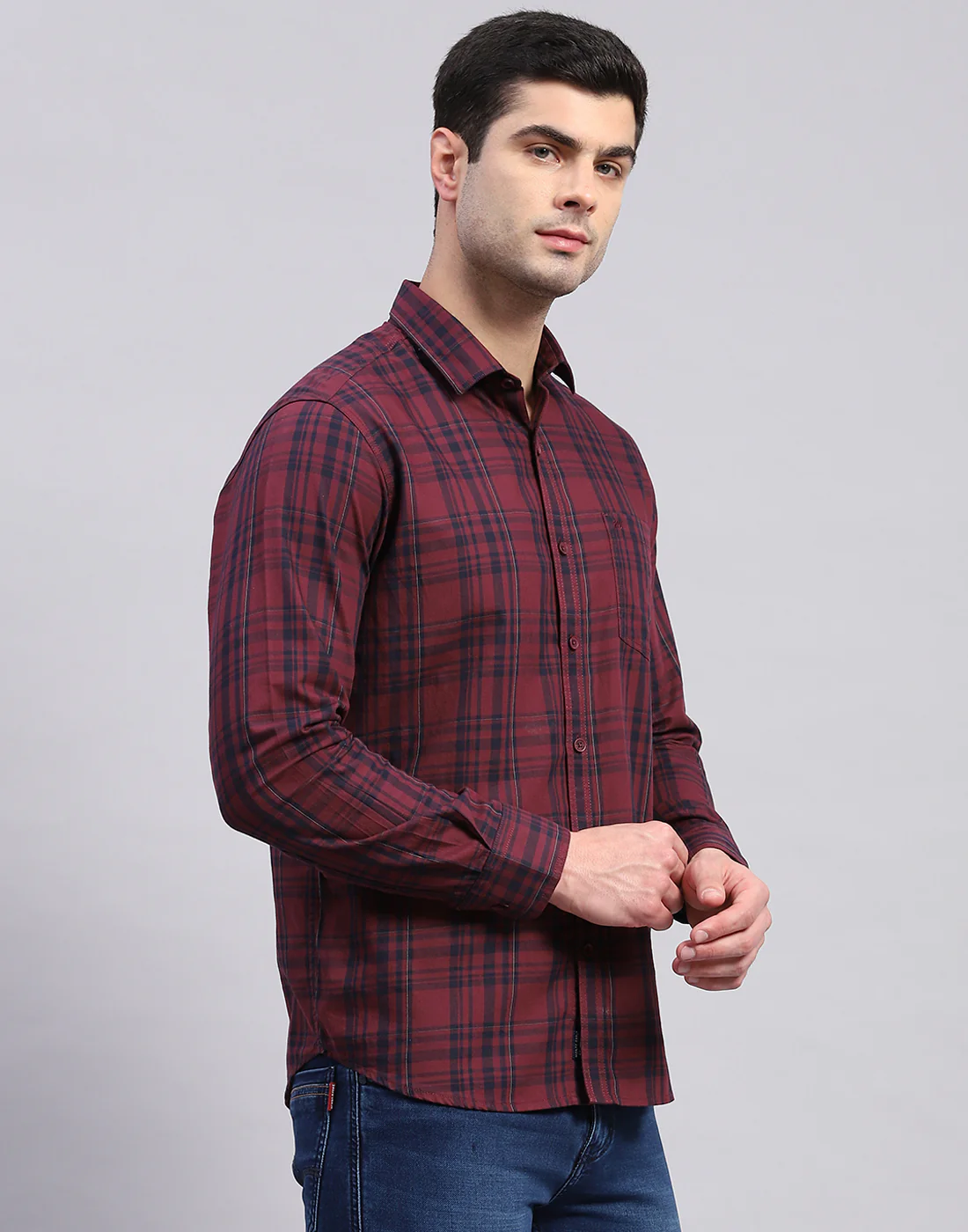 Men Maroon Check Collar Full Sleeve Shirt - Image 4