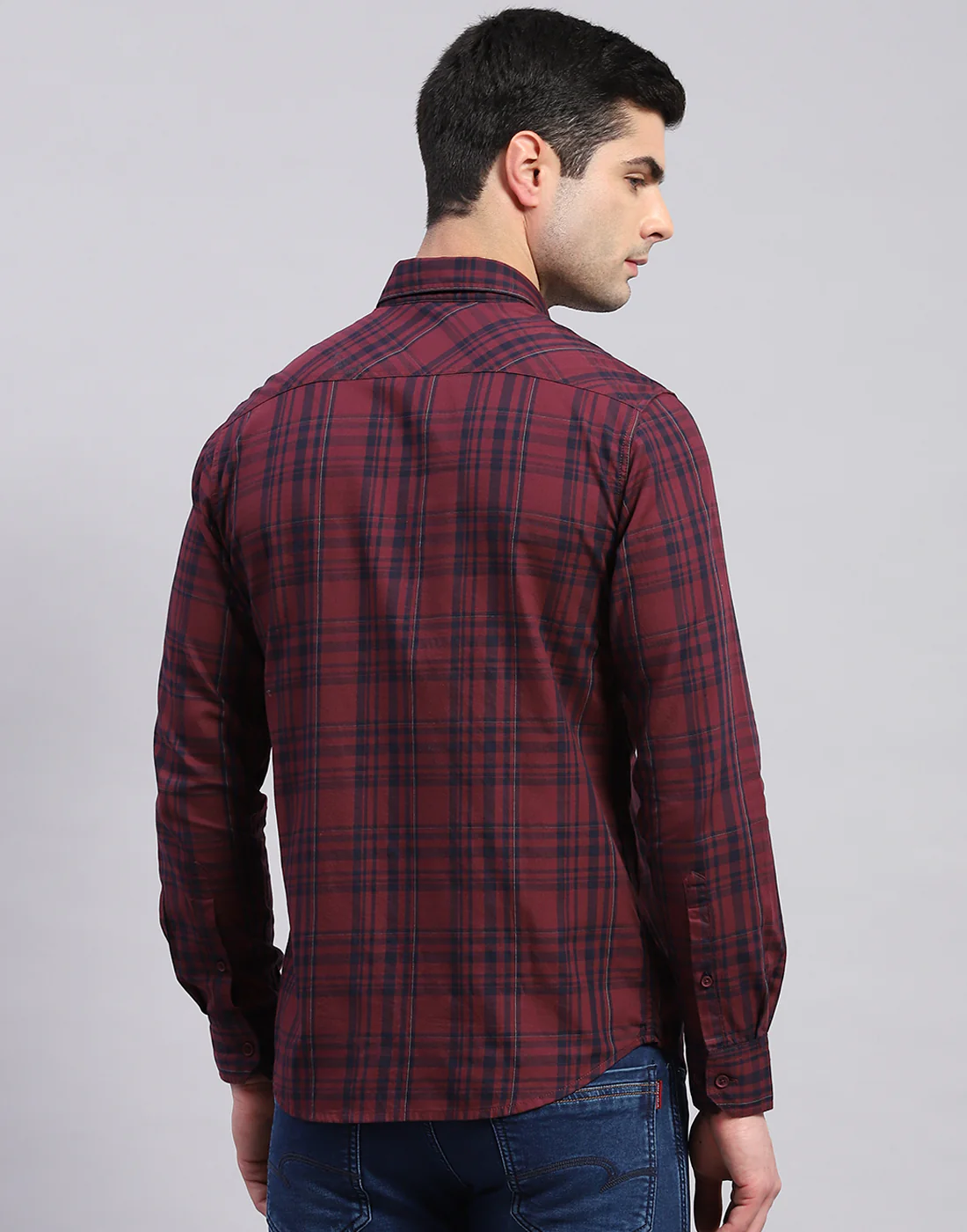 Men Maroon Check Collar Full Sleeve Shirt - Image 5