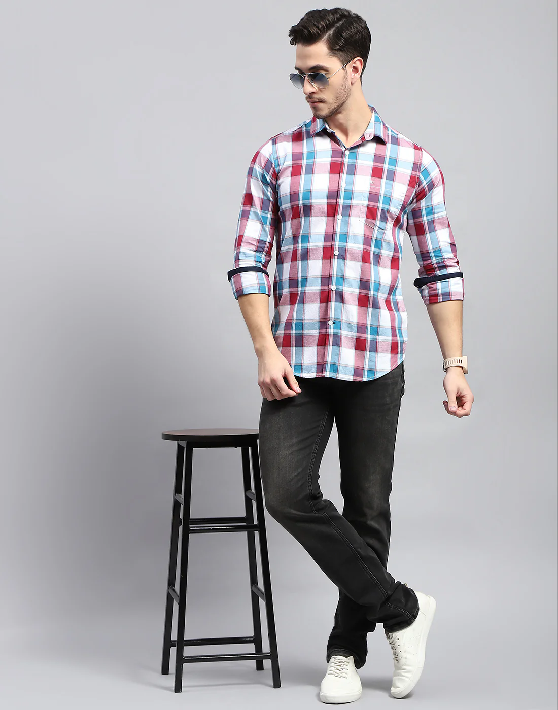 Men Maroon Check Collar Full Sleeve Shirt - Image 2
