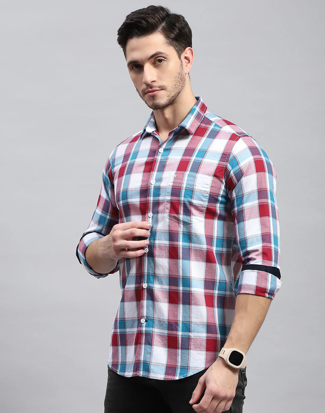 Men Maroon Check Collar Full Sleeve Shirt - Image 3