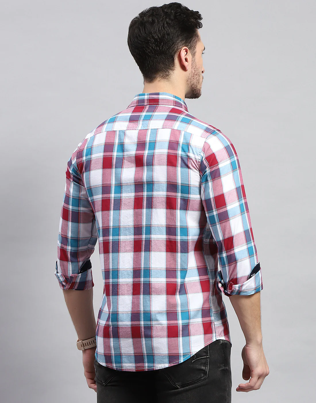 Men Maroon Check Collar Full Sleeve Shirt - Image 5
