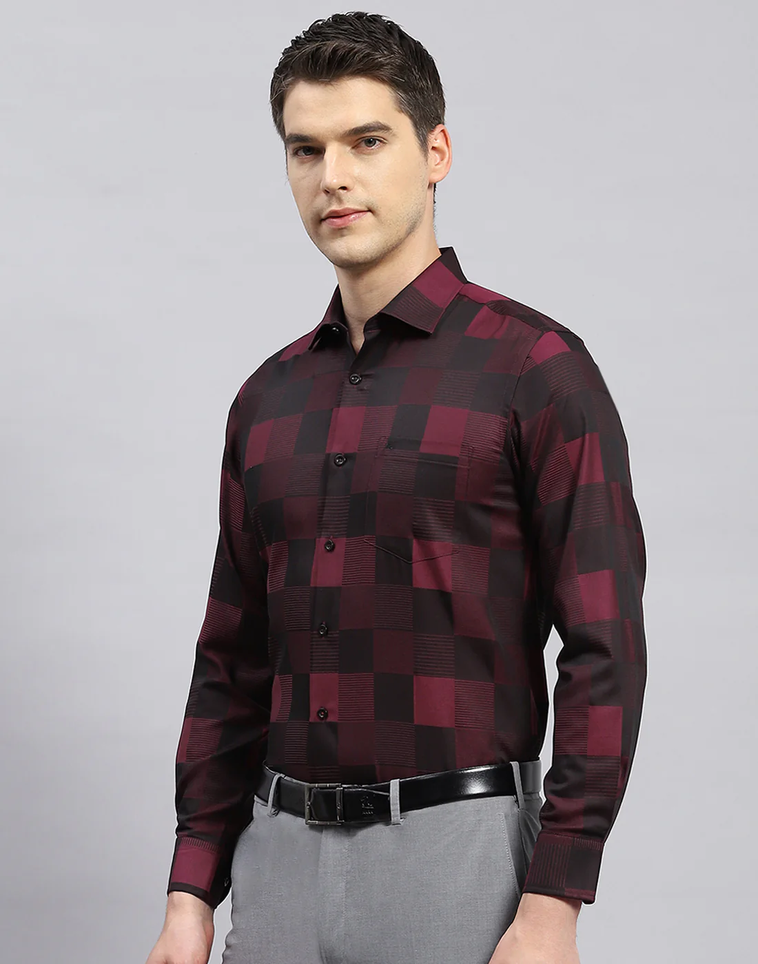 Men Maroon Check Collar Full Sleeve Shirt - Image 3