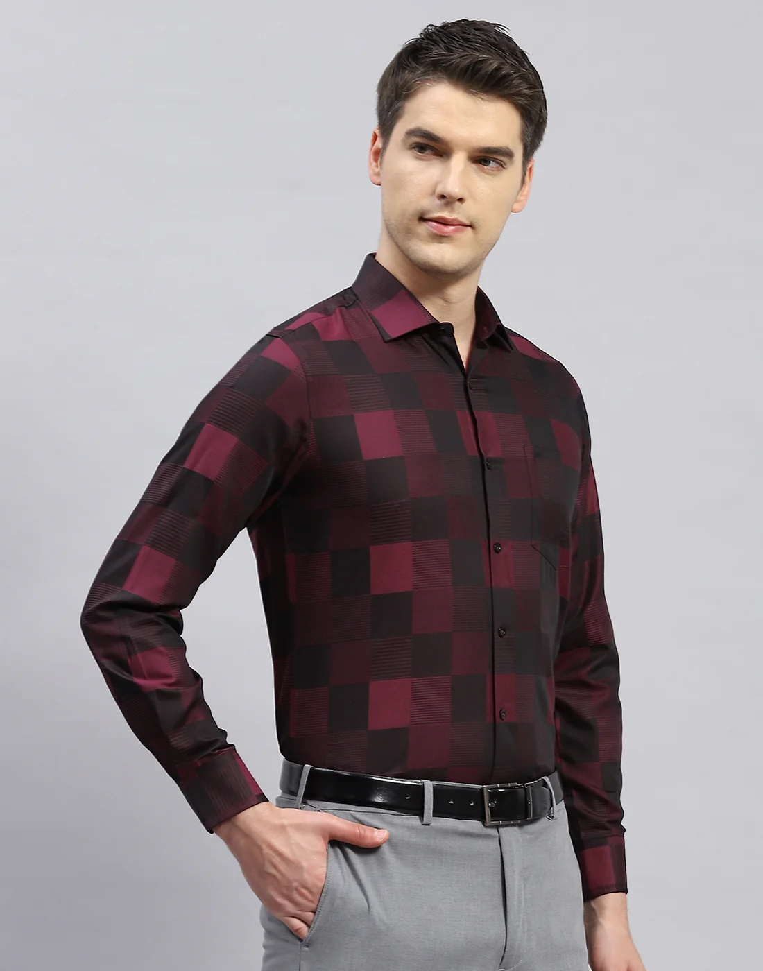 Men Maroon Check Collar Full Sleeve Shirt - Image 4