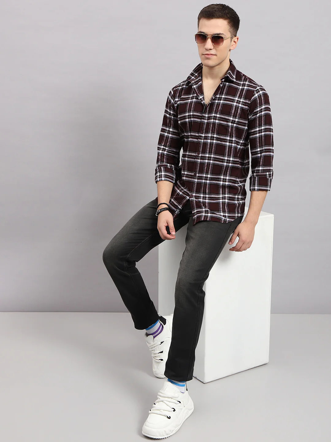 Men Maroon Check Collar Full Sleeve Shirt