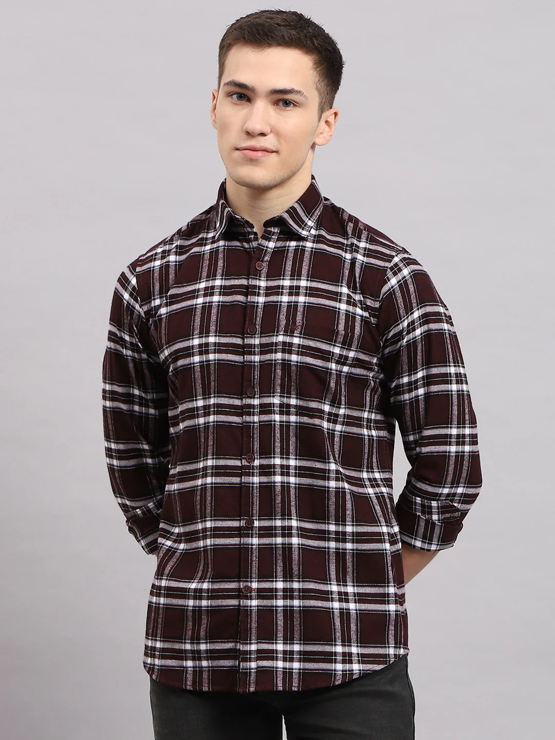 Men Maroon Check Collar Full Sleeve Shirt - Image 2