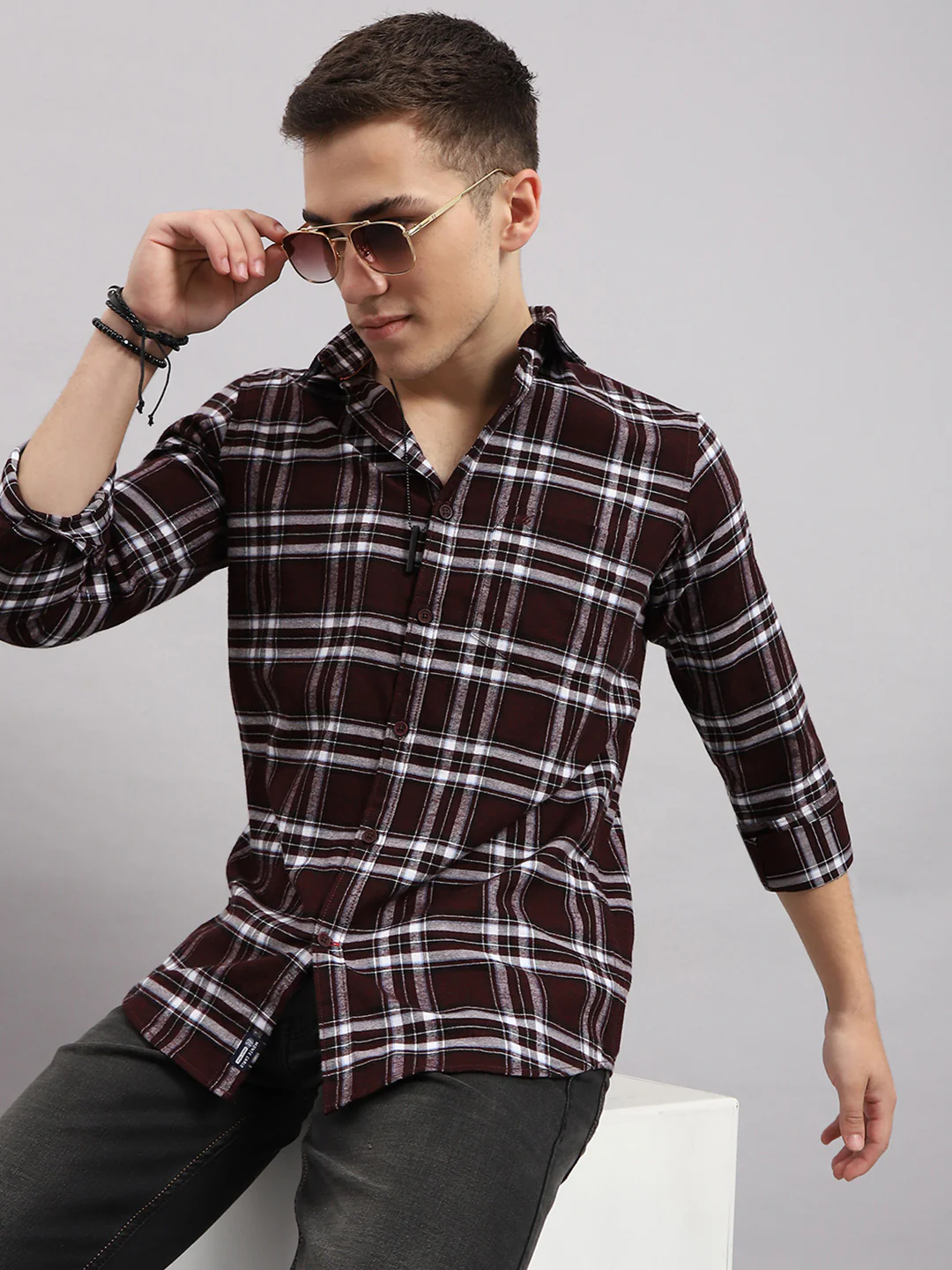 Men Maroon Check Collar Full Sleeve Shirt - Image 6