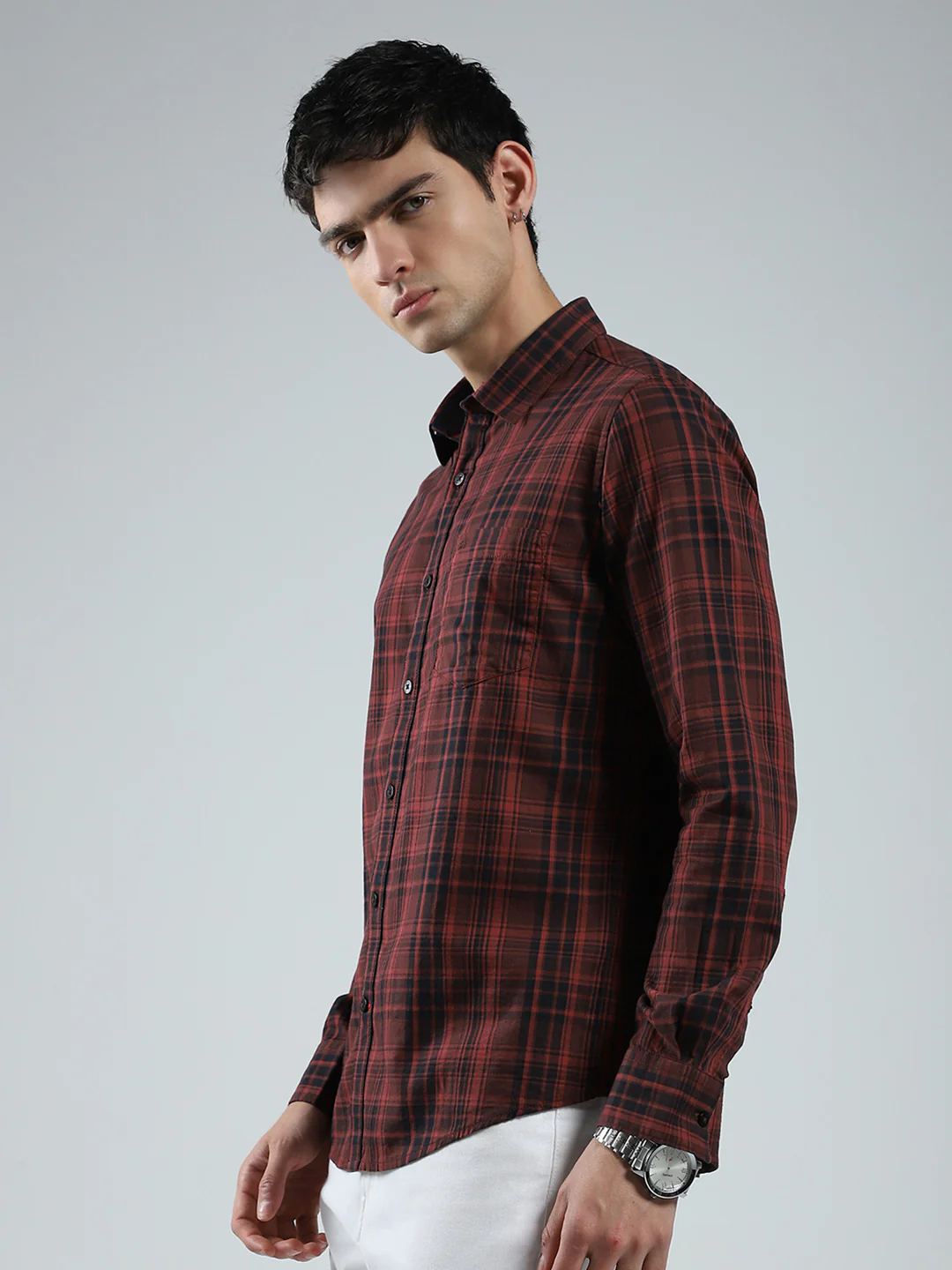 Men Maroon Check Collar Full Sleeve Shirt - Image 3