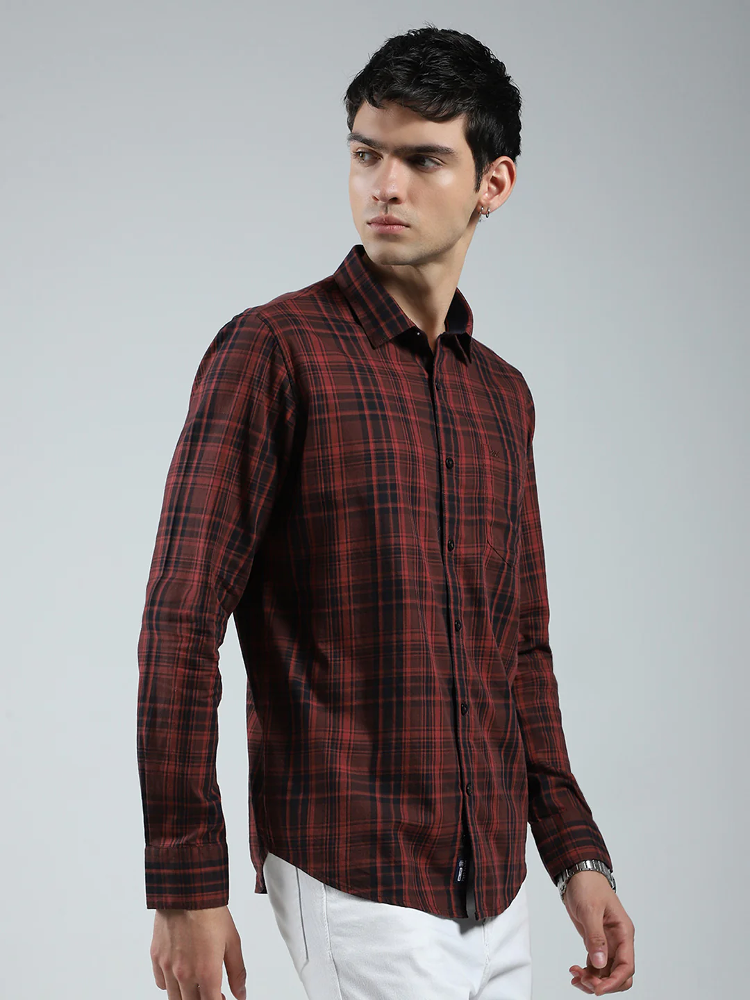 Men Maroon Check Collar Full Sleeve Shirt - Image 4