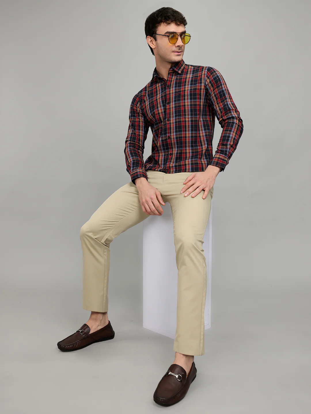 Men Maroon Check Collar Full Sleeve Shirt - Image 6
