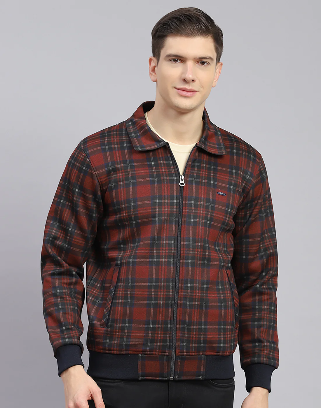 Men Maroon Check Collar Full Sleeve Sweatshirt - Image 3