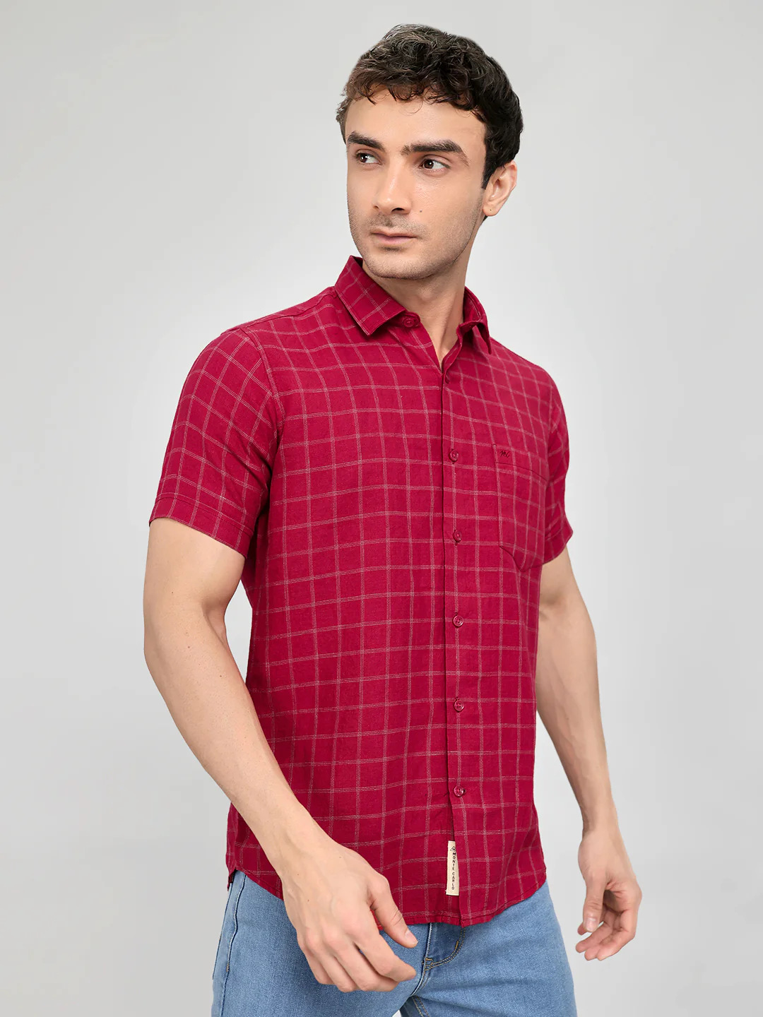 Men Maroon Check Collar Half Sleeve Shirt - Image 3