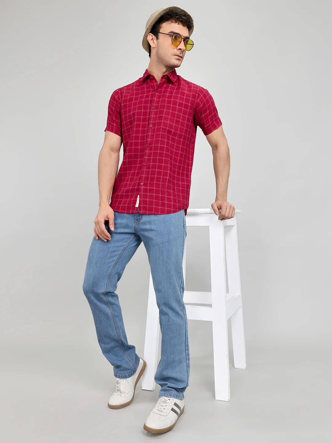 Men Maroon Check Collar Half Sleeve Shirt - Image 6