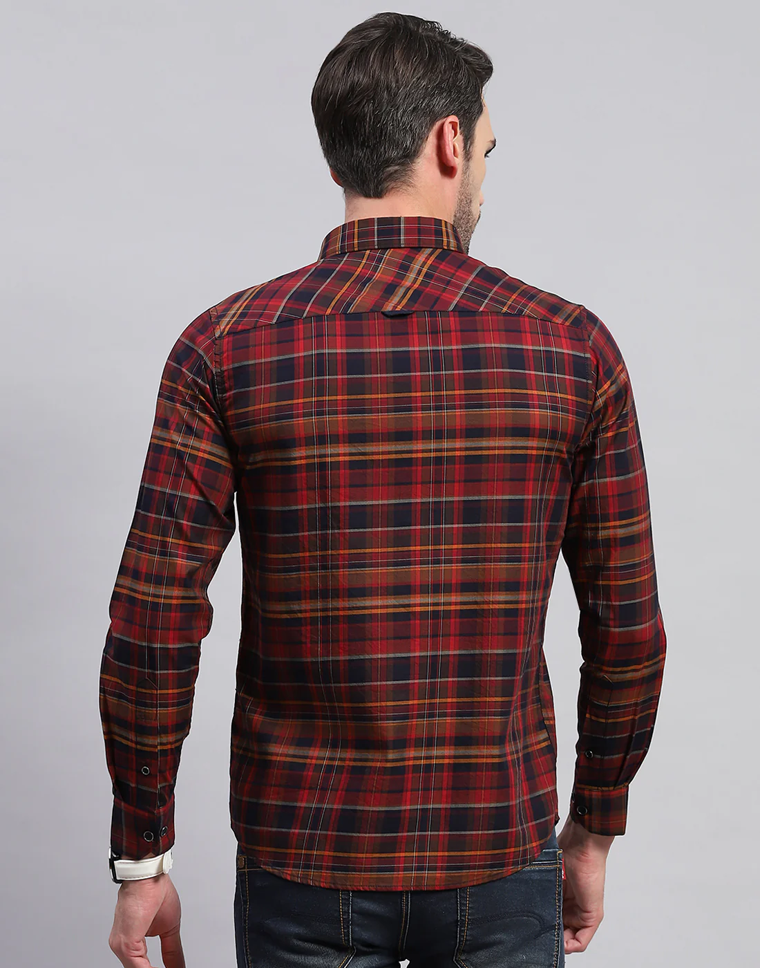 Men Maroon Check Collar Neck Full Sleeve Shirt - Image 5