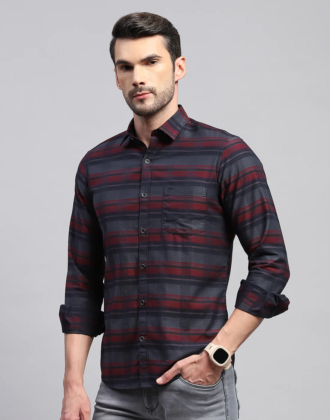 Men Maroon Check Collar Neck Full Sleeve Shirt - Image 3