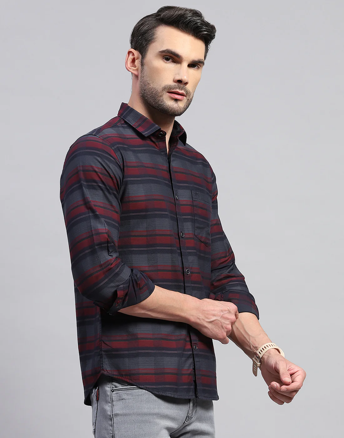 Men Maroon Check Collar Neck Full Sleeve Shirt - Image 4