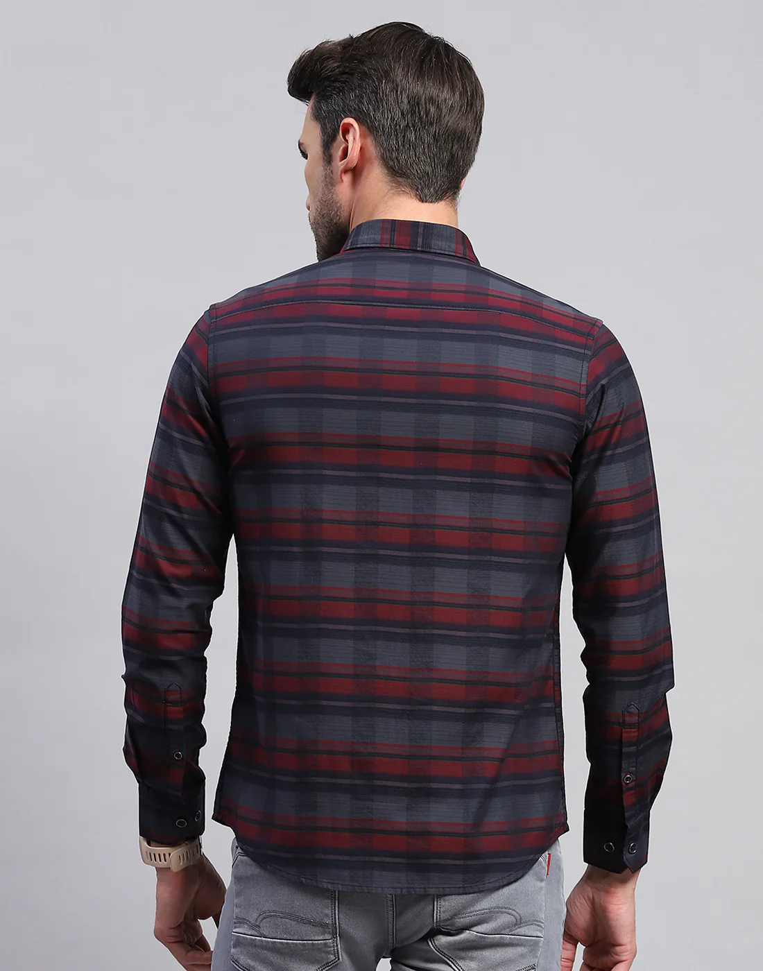 Men Maroon Check Collar Neck Full Sleeve Shirt - Image 5
