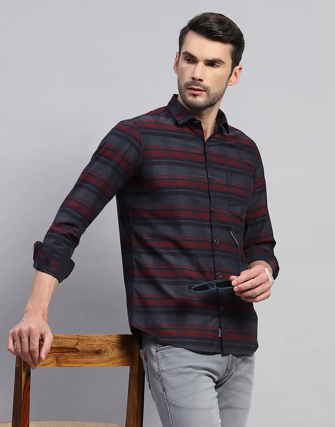 Men Maroon Check Collar Neck Full Sleeve Shirt - Image 6