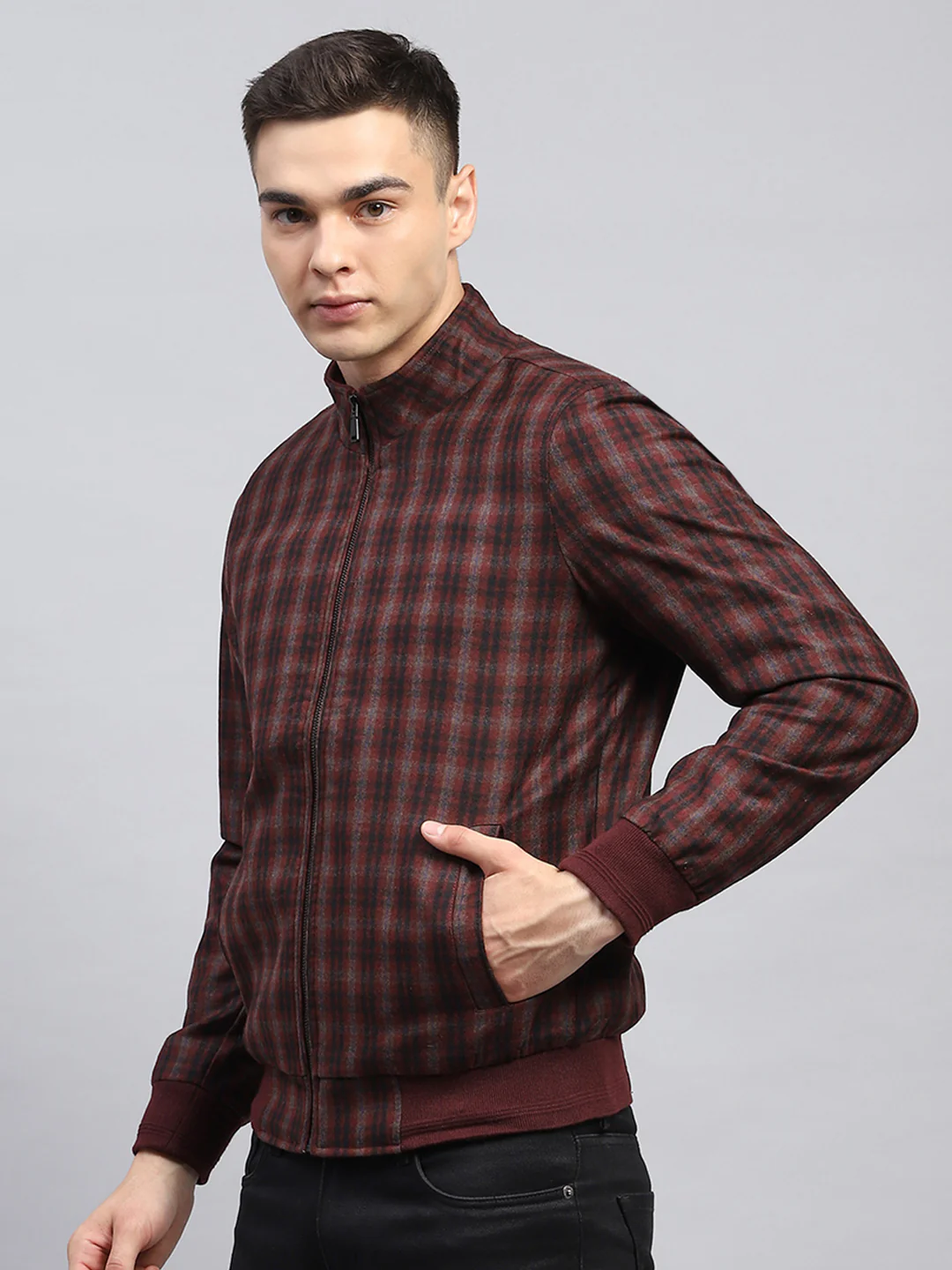 Men Maroon Check Mock Neck Full Sleeve Coat - Image 3
