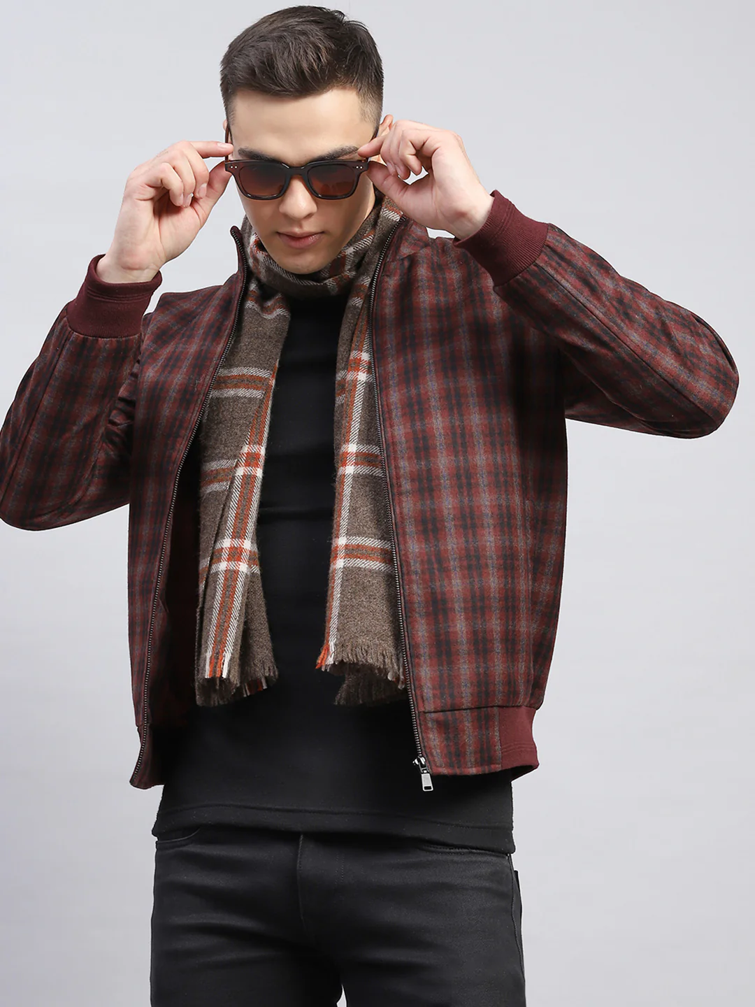 Men Maroon Check Mock Neck Full Sleeve Coat - Image 6