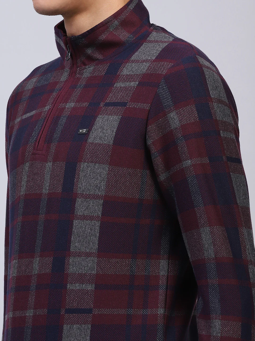 Men Maroon Check Mock Neck Full Sleeve Winter T-Shirt - Image 6