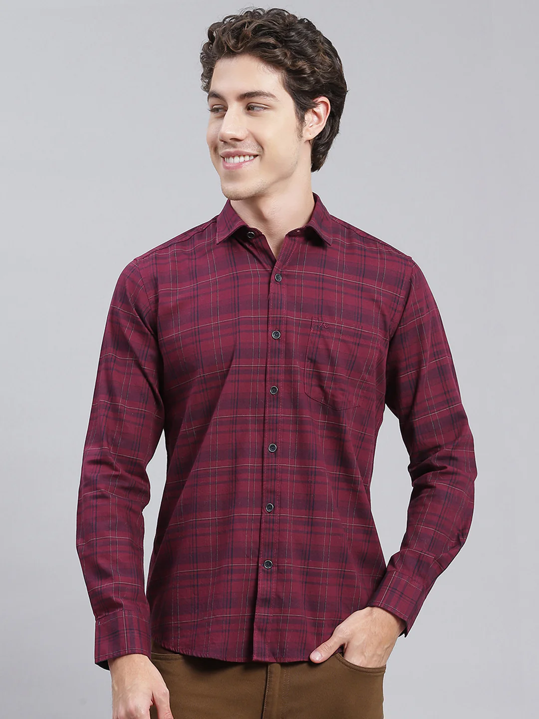 Men Maroon Check Pure Cotton Shirt - Image 2