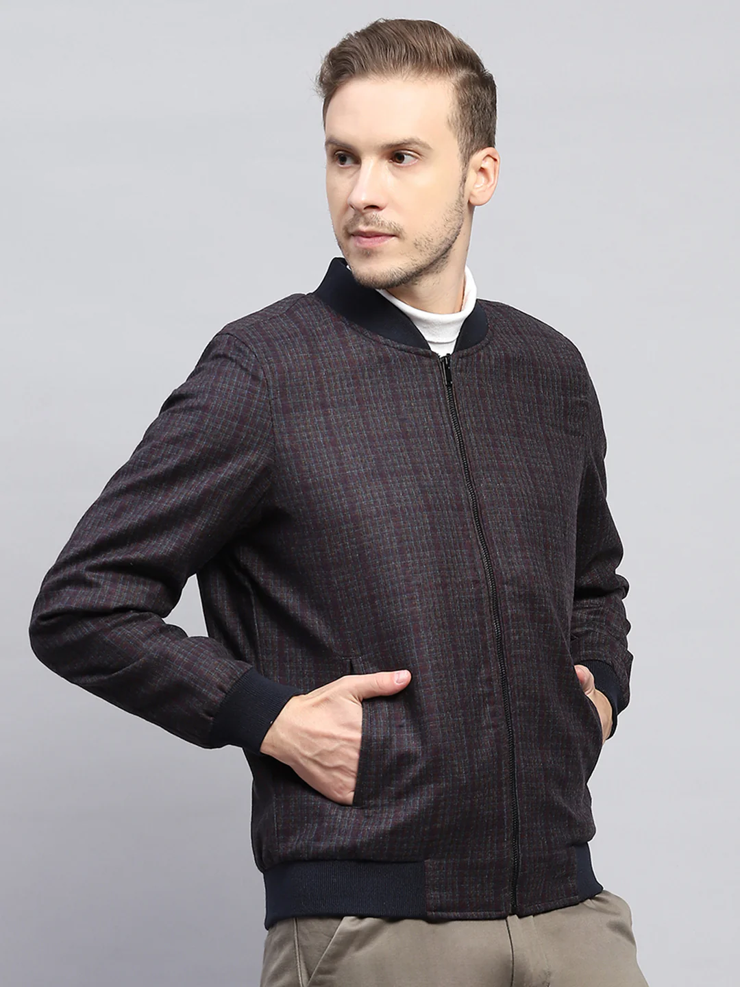 Men Maroon Check Round Neck Full Sleeve Coat - Image 4