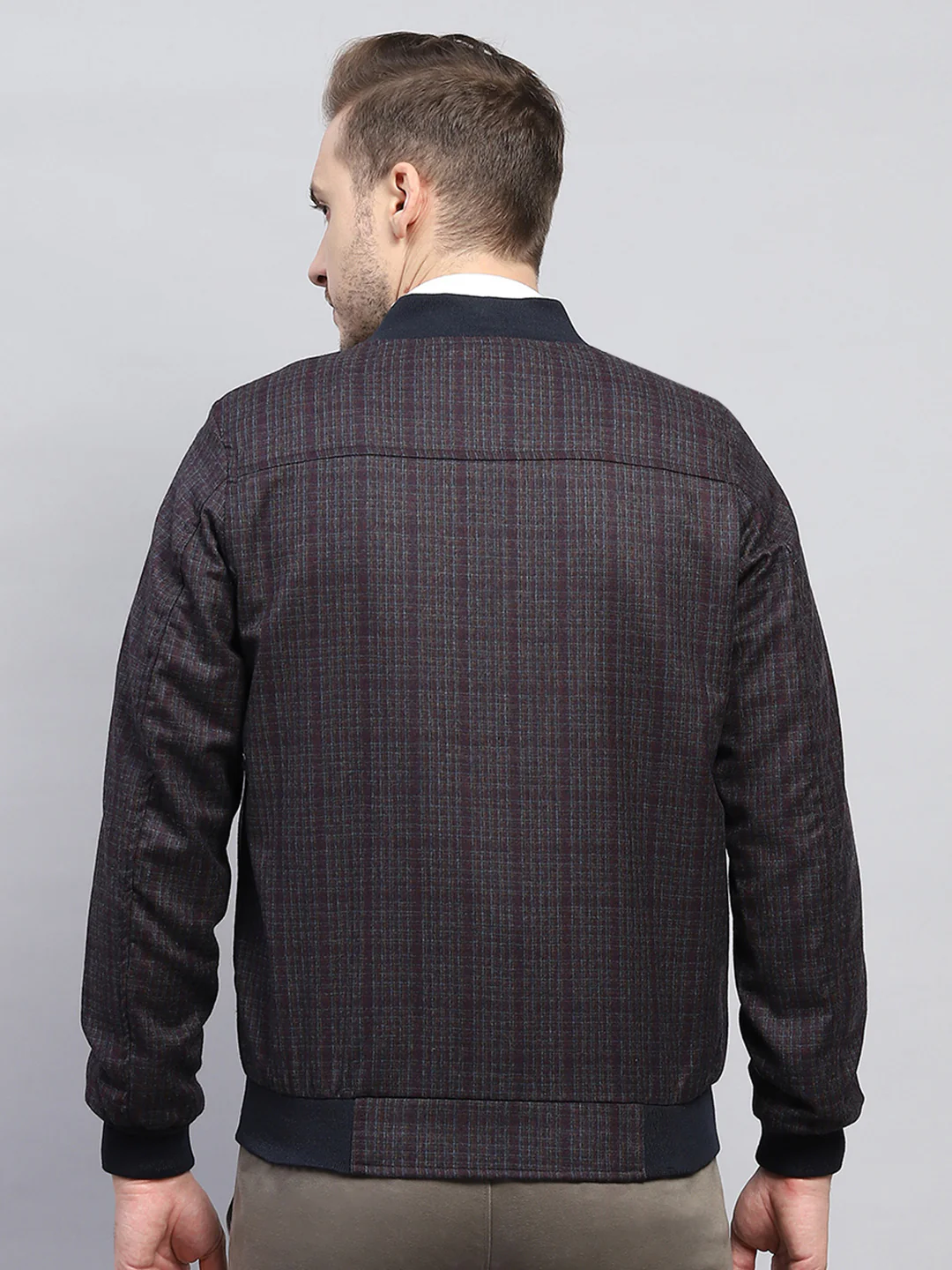 Men Maroon Check Round Neck Full Sleeve Coat - Image 5