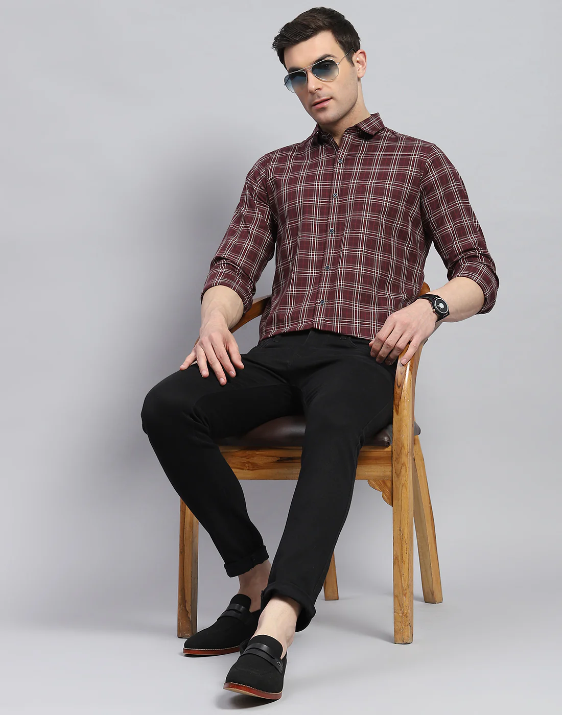 Men Maroon Check Spread Collar Full Sleeve Shirt - Image 2
