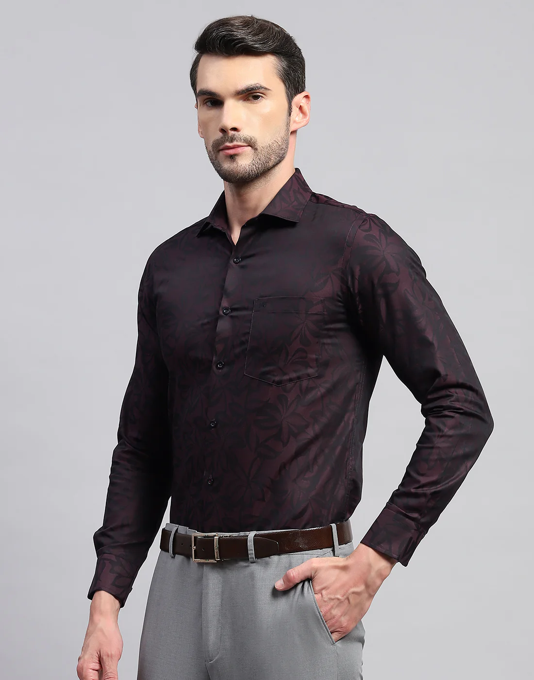 Men Maroon Floral Print Collar Neck Full Sleeve Shirt - Image 3