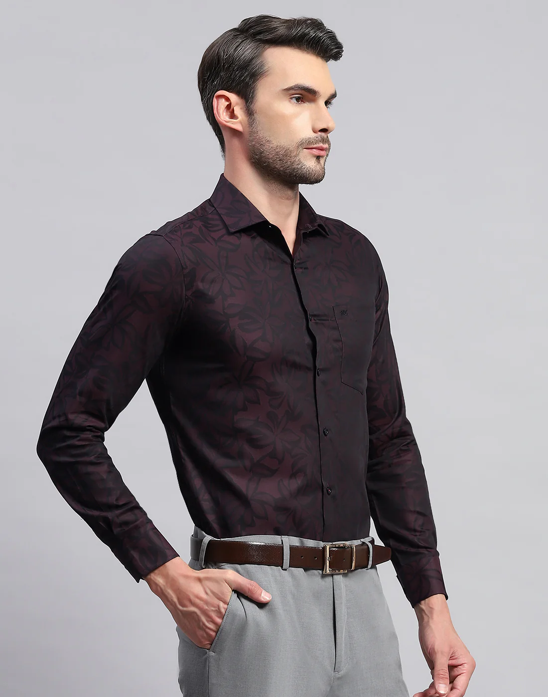 Men Maroon Floral Print Collar Neck Full Sleeve Shirt - Image 4