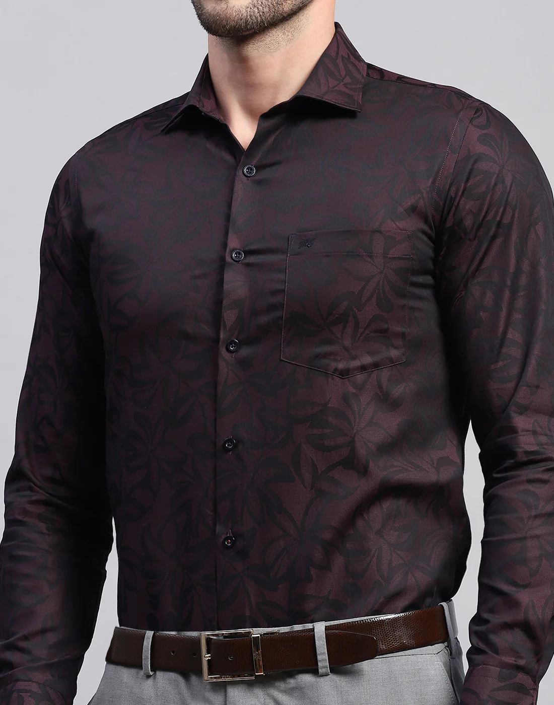 Men Maroon Floral Print Collar Neck Full Sleeve Shirt - Image 6