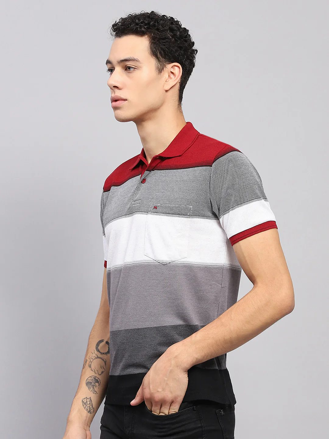Men Maroon & Grey Stripe Collar Half Sleeve T-Shirt - Image 3