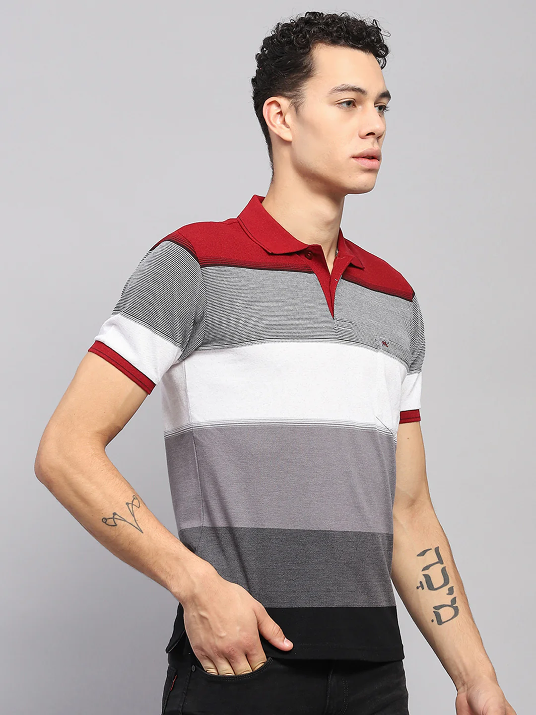 Men Maroon & Grey Stripe Collar Half Sleeve T-Shirt - Image 4