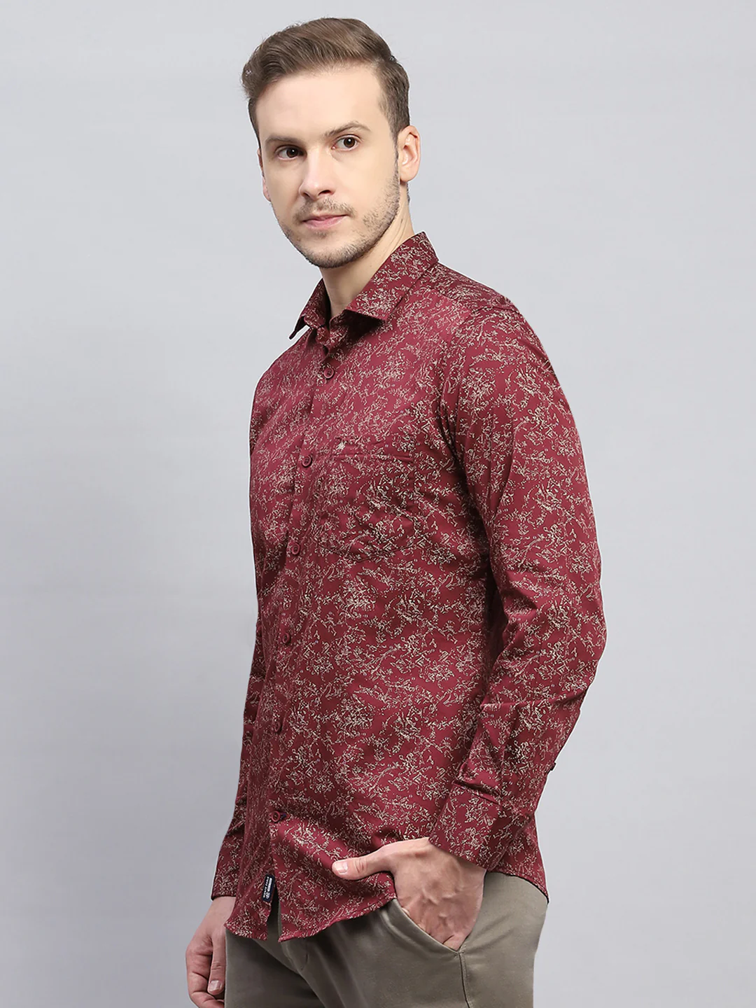 Men Maroon Printed Collar Full Sleeve Shirt - Image 3