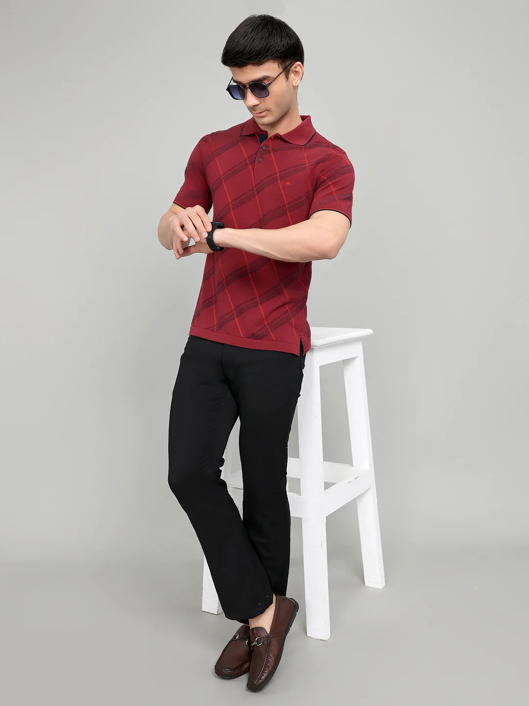 Men Maroon Printed Collar Half Sleeve T-Shirt - Image 6