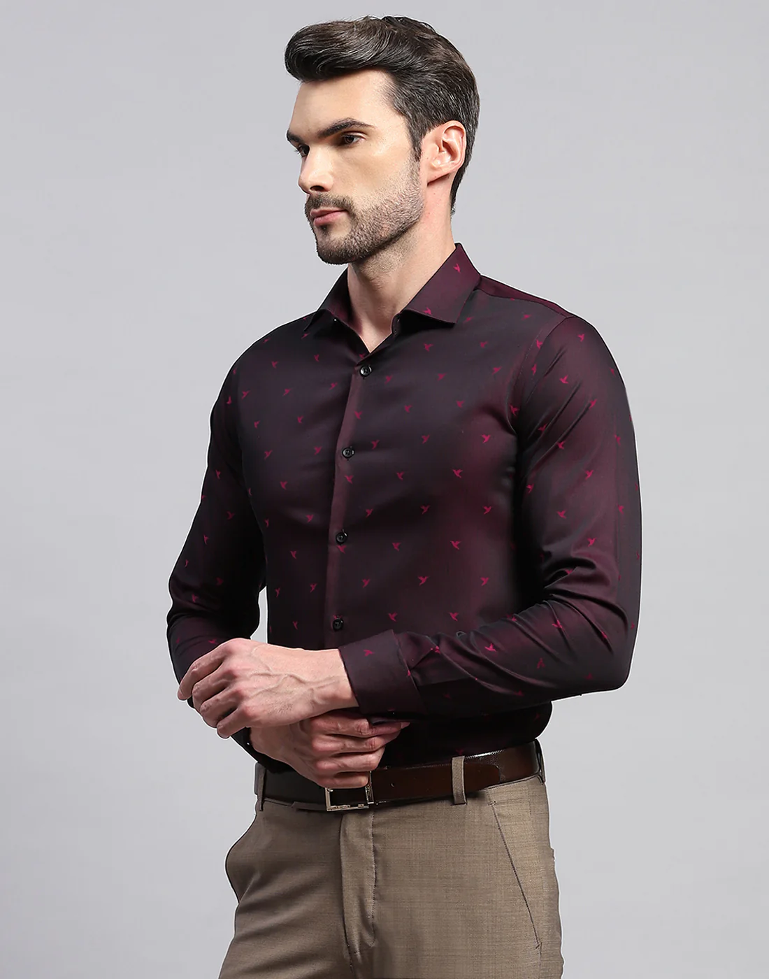 Men Maroon Printed Collar Neck Full Sleeve Shirt - Image 3