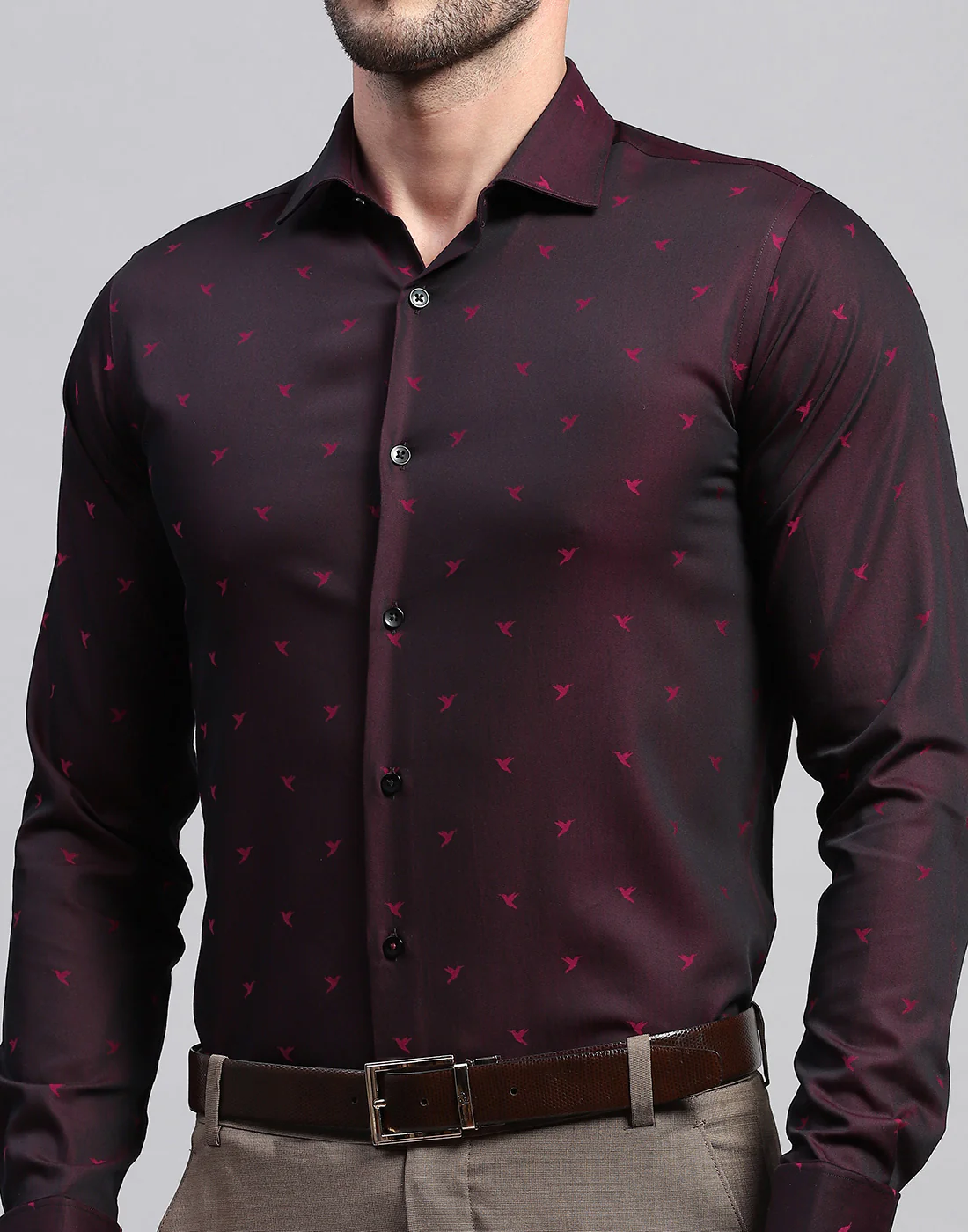 Men Maroon Printed Collar Neck Full Sleeve Shirt - Image 6