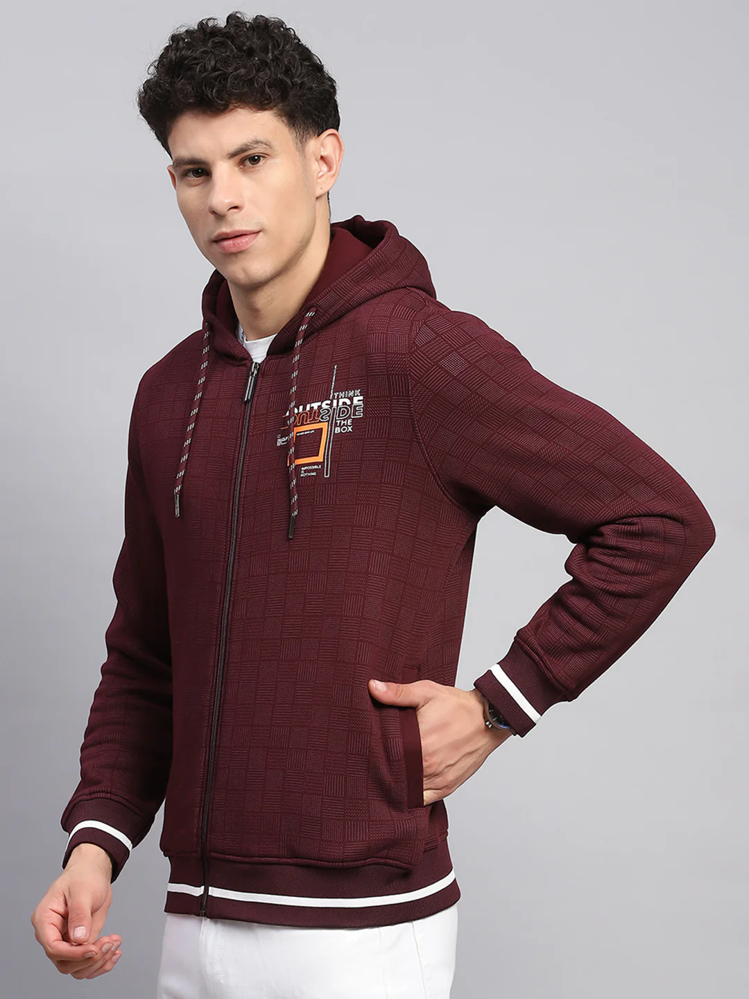 Men Maroon Printed Hooded Full Sleeve Sweatshirt - Image 4